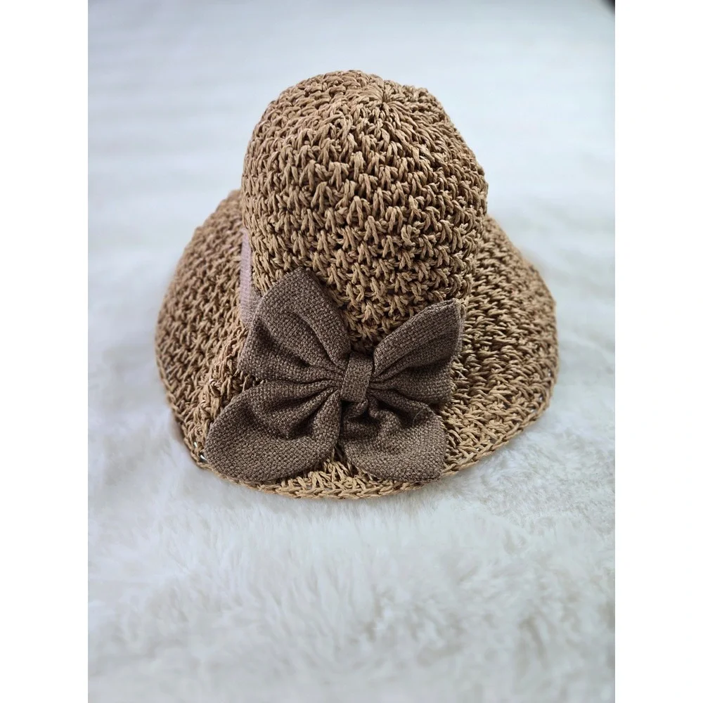 Woven Straw‎ Sun Hat with Brown Bow Accent Tan Cottagecore Summer Beach Hat
